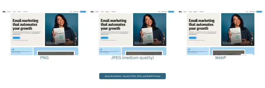 The same website screenshot exported as PNG, JPEG, and WebP