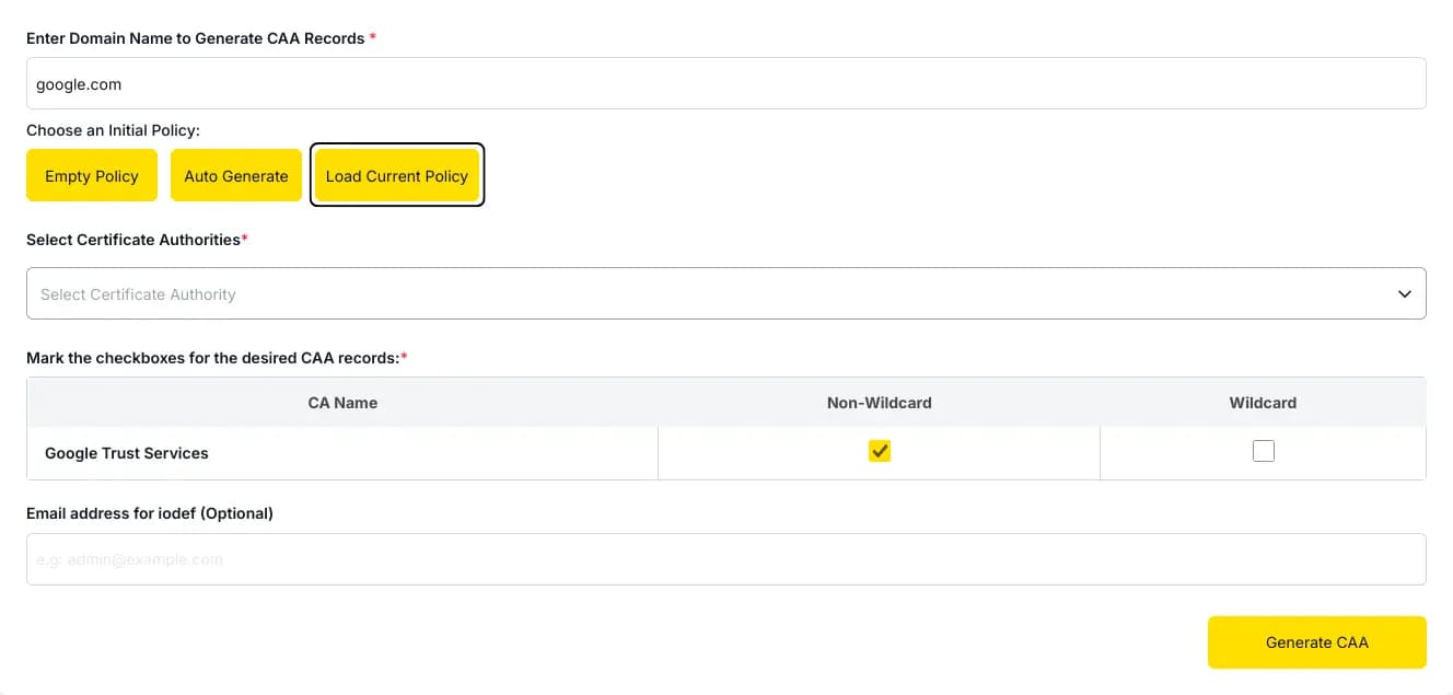 Screenshot-style illustration of the Load Current Policy option pulling existing CAA records for a domain