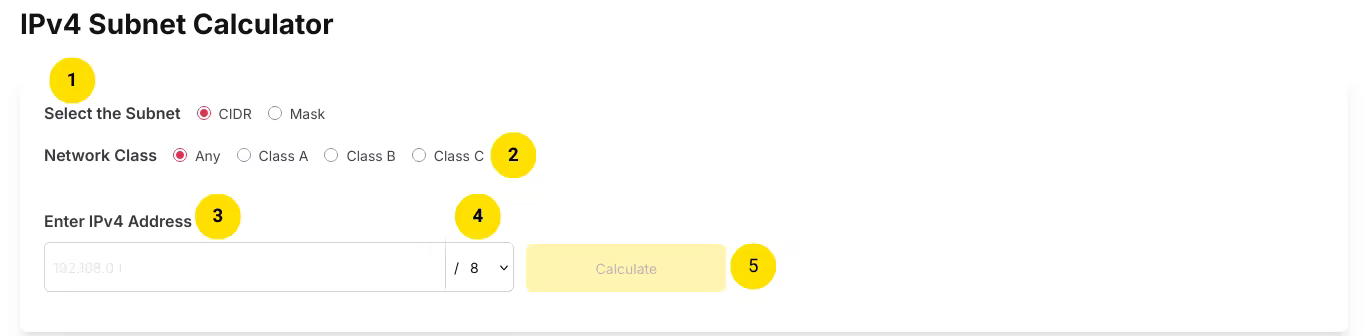 IPv4 subnet calculator with CIDR and mask toggle, network class selector, and prefix length dropdown
